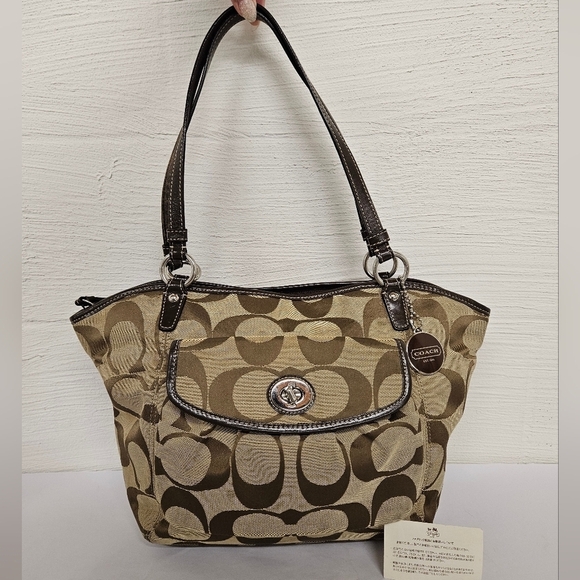 Coach Signature Monogram Canvas Satchel Zip Top Bag in Khaki and Chestnut - Picture 1 of 15